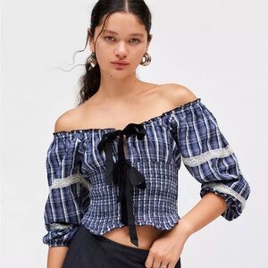 Kimchi Blue Marley Long Sleeve Check Blouse NWT Size S - Navy